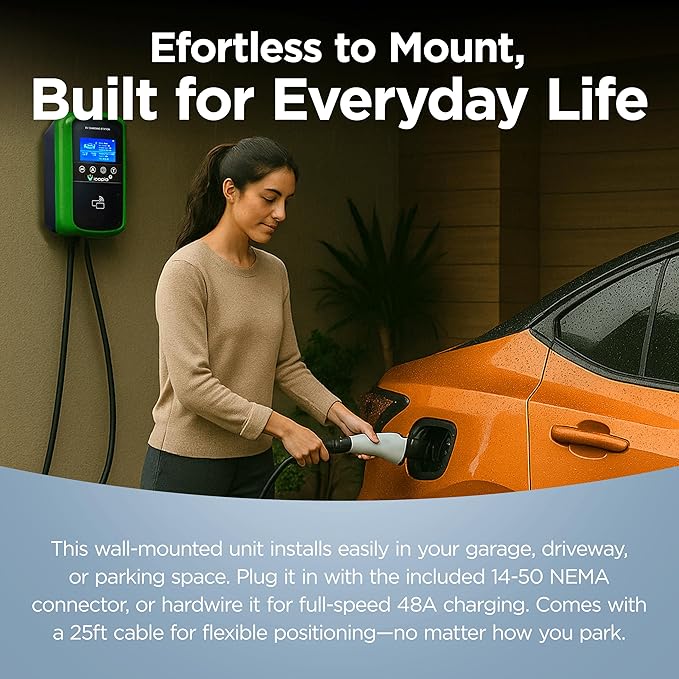 Level 2 EV Charger 48A 11.5kW (40A 9.6 kW Plug-in) - NEMA 14-50 UL Certified Plug with 25’ SAE J1772 Hardwire Cable - 240V Electric Vehicle Charging Station with WiFi Enabled APP & RFID Screen