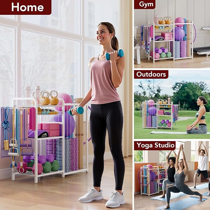 Home Gym Storage Rack - Exercise Equipment Storage Organizer for Yoga Mat Dumbbells Kettlebells Foam Roller & Resistance Bands, Ideal Yoga Mat Holder & Workout Equipment Organizer(White)