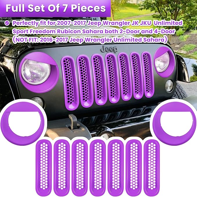 E-cowlboy Front Grille Mesh Inserts & Headlight Cover for 2007-2017 Jeep Wrangler JK JKU Unlimited Sport Rubicon Sahara Clip-in Grille Cover Guard Angry Bird Headlight Bezels Trim (Matte Purple)