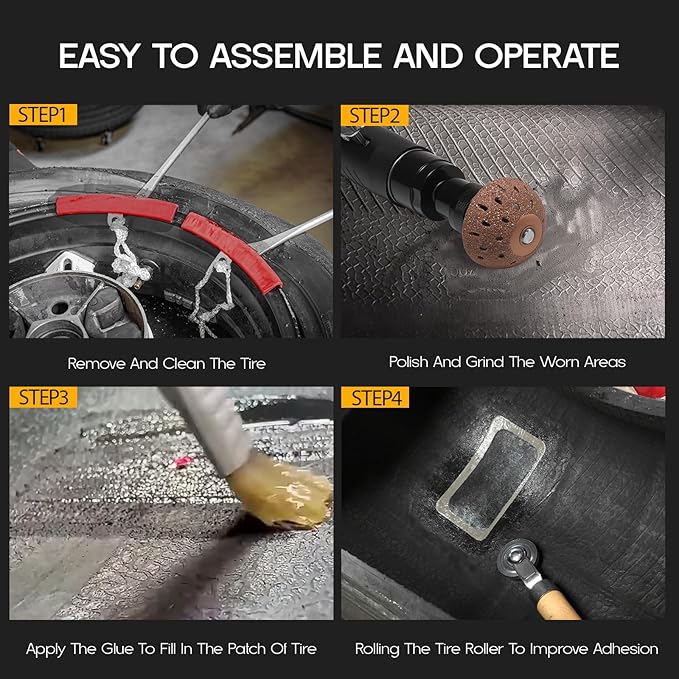 Air Tire Repair Polish Patch Tools – 2500 RPM Low-Speed Tire Buffer with Tungsten Steel Buffing Wheel, Inner Liner Scraper, Patch Roller – Durable Tungsten Alloy Grinder for Tire & Rubber Maintenance