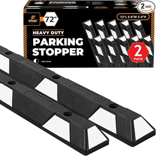 Xpose Safety 72" Heavy Duty Rubber Parking Stopper – 2 Pack Wheel Blocks for Garage, Driveway, or Ramp – Car Bumper Stop with White Reflective Strips – Removable Floor Mount