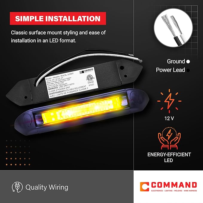 Command Electronics 12V LED Exterior Extruded Porch Light – Surface Mount Utility – IP67 Rating OEM RV, Camper, Bus, Truck, & Trailer – 8"x1.4"x1.4" – Black Case/Amber Light 2-Pack