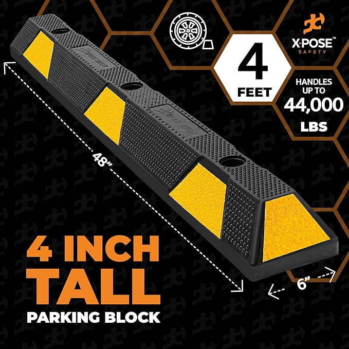 Xpose Safety 48" Heavy Duty Rubber Parking Stopper – 10 Pack Wheel Blocks for Garage, Driveway, or Ramp – Car Bumper Stop with Yellow Reflective Strips – Removable Floor Mount
