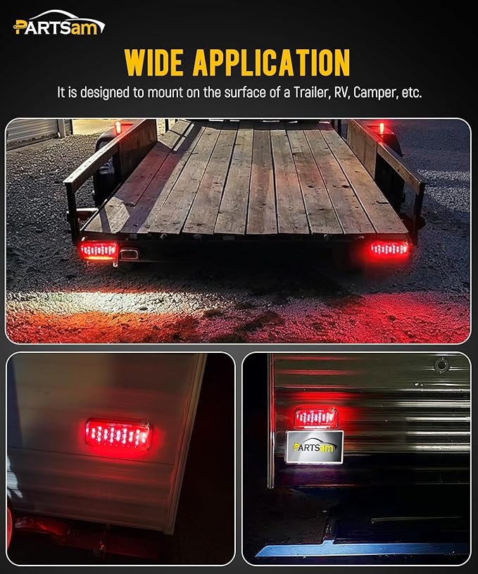 Partsam Rectangular Red LED RV Camper Trailer Stop Turn Brake Tail Lights White License Plate Light 49 LED with License Bracket Holder and White Base 12V Sealed w Reflex Surface Mount (Left + Right)