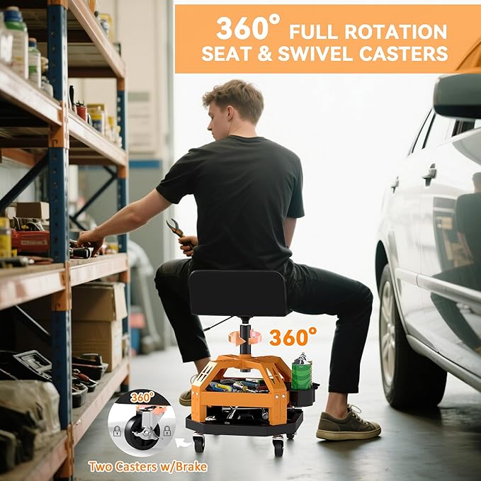 HOMCOM Rolling Mechanic Stool, 300 LBS Capacity Pneumatic Creeper Garage Stool with 360° Wheels, Backrest, Heavy Duty Roller Seat Padded Shop Chair with Tool Tray Storage, Adjustable Height (Yellow)