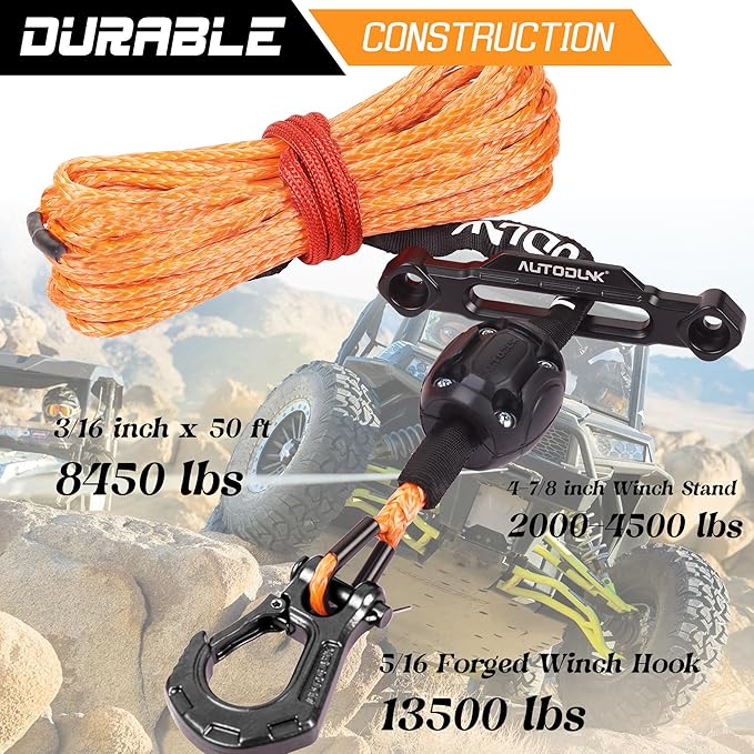Synthetic Winch Rope - 3/16" x 50ft 8,450LBS Winch Line with 4-7/8" Fairlead, Forged Winch Hook and Rubber Stopper, Protective Sleeve Synthetic Winch Cable for 4WD ATV UTV Offroad Vehicles Orange