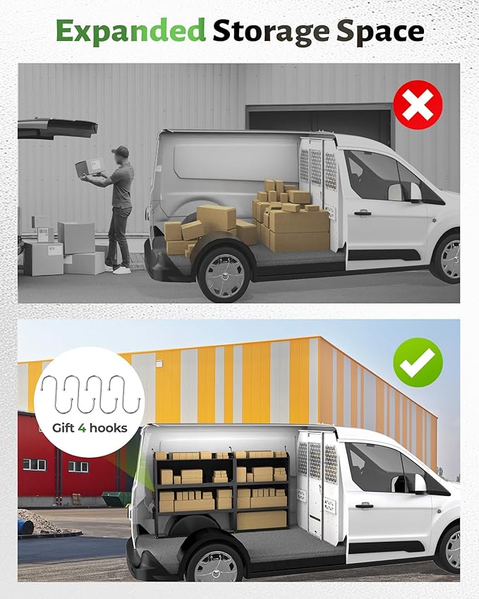 StarONE Cargo Van Shelving Storage Fit for Transit Connect 2014+,NV200,Chevy City Express, Promaster City with S-Shaped Hooks,Black,Steel,32" W x 43" H x 13" D