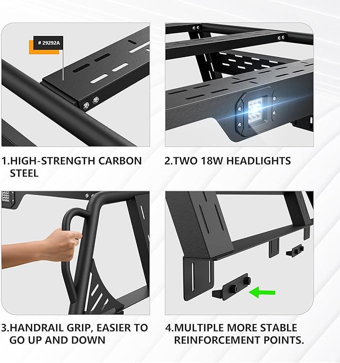 13.3" High Overland Bed Racks Truck Cargo Carrier with 2 LED Lights Compatible with 2016-2025 Toyota Tacoma with Bed Rails, 1000 LBS Truck Rear Ladder Rack Back Cross Bars
