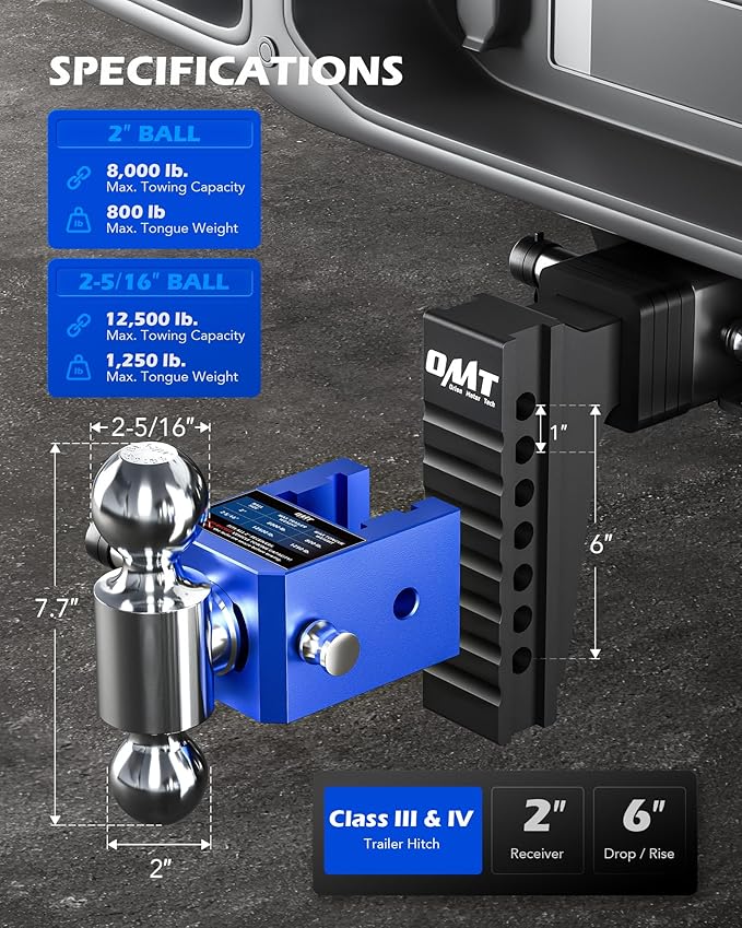 Orion Motor Tech Adjustable Trailer Hitch, Heavy Duty Drop Hitch 2 inch Receiver, 6" Drop & Rise Hitch with 2" & 2-5/16" Balls, 360° Dual-Ball Mount with 12500 lb. Towing Capacity for Class III & IV