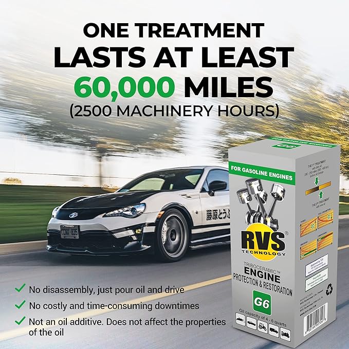 G6 Engine oil Treatment; For Gasoline Engines with a Motor oil capacity up to 6 quarts; Save fuel, Boost Power and Safely Restore and protect your Car, Truck, and all other engines