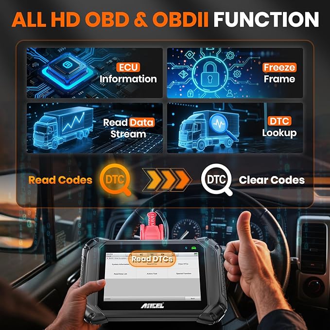ANCEL V5 HD PRO Heavy Duty Truck Scanner, New Bi-Directional Control Diesel Full System Diagnostic Tool with 40+ Resets, ABS SRS D-P-F Regen, Lifetime Free Updates for Semi Trucks Commercial Vehicles