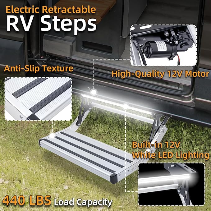 Electric Retractable RV Steps with LED Lighting, 400 LBS Load Capacity, Foldable Aluminum Alloy Camper Steps, Thickened Steel Plate Trailer Steps, Non-Slip Design, Ideal for RV, Trailer, Camper