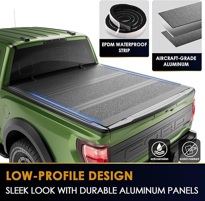 Low Profile Tonneau Cover Truck Bed for Ford F150 6.5 ft (78.9") 2015-2025, Fully Folded Vertical Clearance Hard Flip Fold Locking Drill-Free Install Waterproof Fiberglass Anti-Theft Security