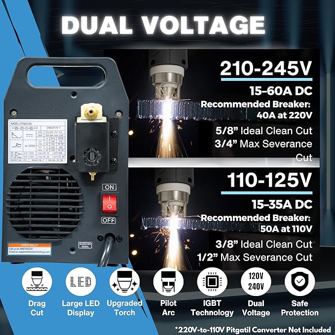LTP6010D 60A Plasma Cutter, Drag-Cut Ready & Up to 20% Faster, 5/8" Clean (3/4" Sever), Non-Touch Pilot Arc, New-Design Torch, Dual-Voltage 110/220V, LED Panel, Front Regulator