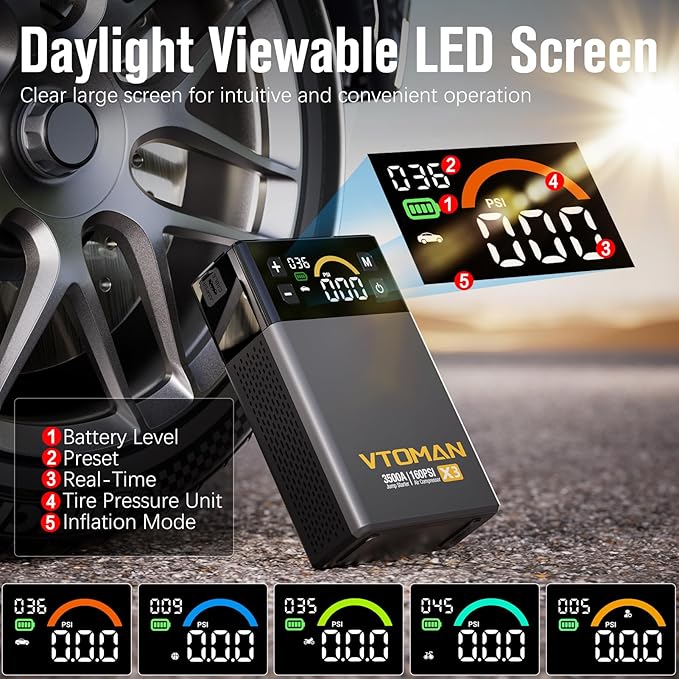 VTOMAN X3 Jump Starter with Air Compressor, 3500A Portable Car Battery Jumper Starter (9L Gas/8.5L Diesel Engines) with 160PSI Auto-Shutoff Tire Inflator, 12V Lithium Battery Booster Pack, Jump Box