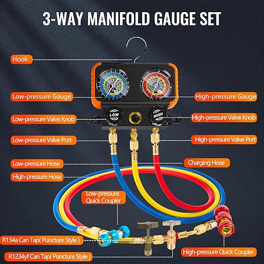 R1234yf AC Vacuum Pump and Gauge Set,4.5CFM Vacuum Pump Manifold Gauge Kit for Auto HVAC Compatible with R1234yf,R404a,R134a,Includes Leak Detector,R1234yf Can Tap,Quick Coupler Adapters