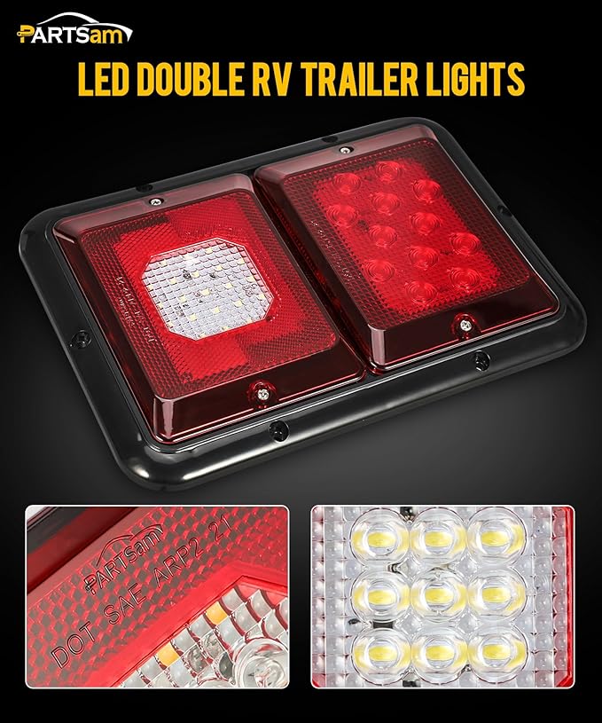 Partsam 2Pcs Double Led Trailer Tail Lights with Horizontal Mount Dual Stop Turn Tail Backup Reverse Lights 33 LED, Surface Mount RV Double Led Taillights, RV Double Led Tail Lights, Black Base