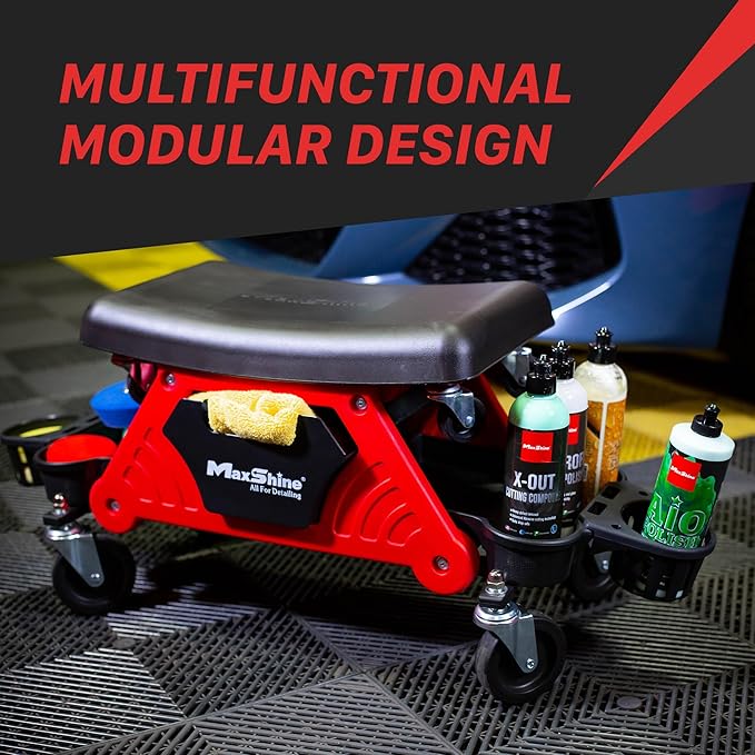 Maxshine 2-in-1 Modular Detailing Creeper Seat V2 | Rolling Creeper with Removable Cushion & Tool Tray | Heavy-Duty Polyethylene & Steel Frame, 4” Wheels | Complete Set (Black)