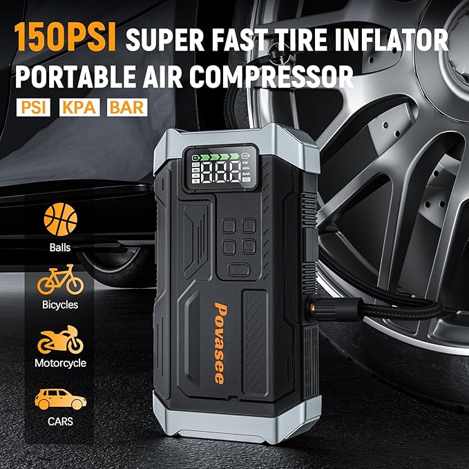 Povasee Jump Starter with Air Compressor 5000A Portable Jump Box up to 9L gas/8L Diesel,inflates Tires to 150PSI 12V Car Battery Jumper Starter