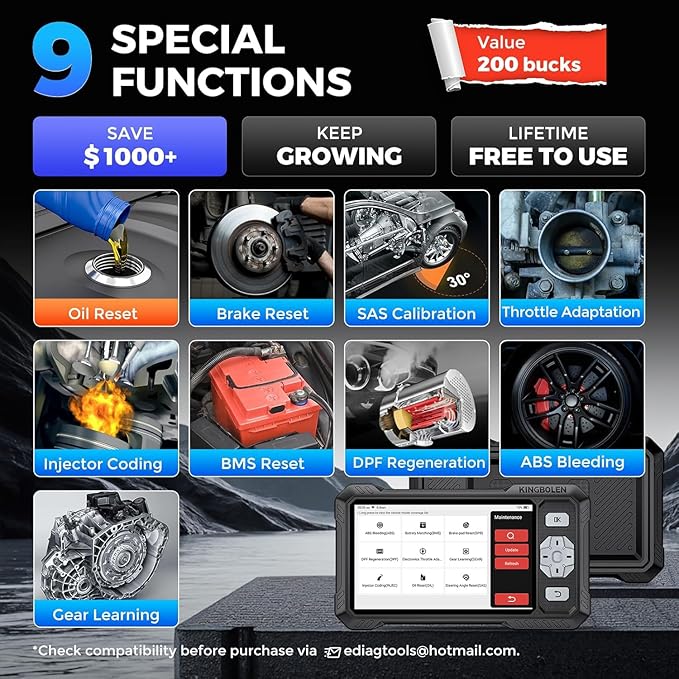 KINGBOLEN OBD2 Scanner S608, 2025 Bidirectional Scan Tool for ABS/SRS/Transmission/Enigne, 9 Reset Oil Brake DPF Bleed Gear Injector Throttle BMS SAS, CAN FD & FCA/Renault SGW, Lifetime Free Update