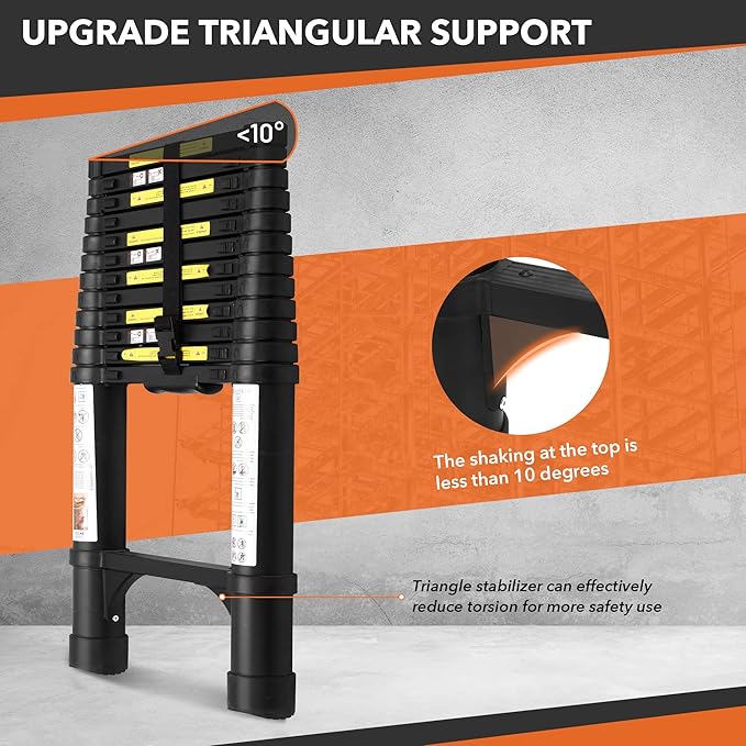 12.5FT Aluminum Telescoping Ladder, Multi-Purpose Extension Ladder w/Triangle Stabilizers and Non-Slip Feet, 330lbs Capacity Retractable Ladder for RV, Indoor and Outdoor Black