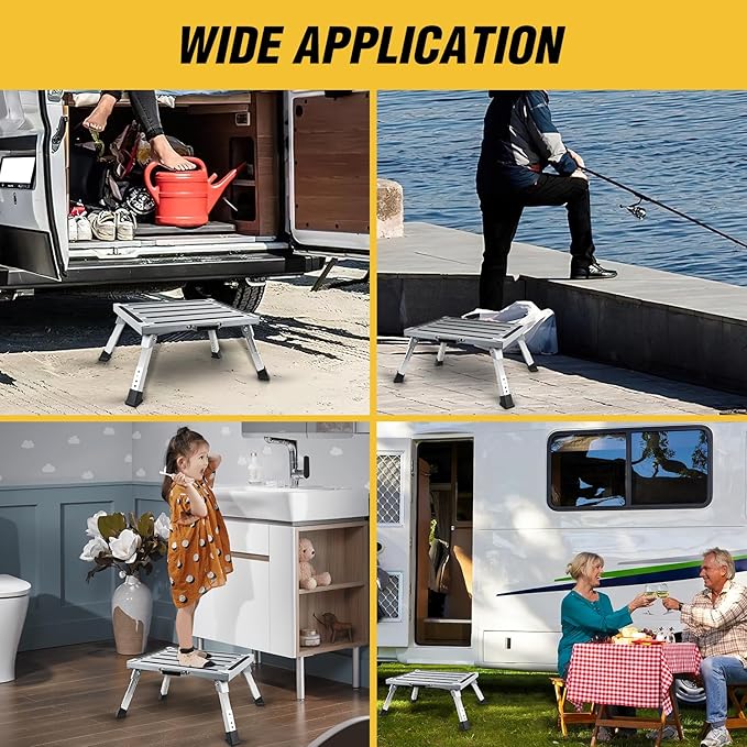 Nilight RV Step Stool Aluminum Folding Platform Steps 19x14.5 RV Steps 4 Levels Adjustable Step Stool with Anti-Slip Surface Rubber Feet Handle Supports Up to 500lbs for Camper Travel Trailer, Silver