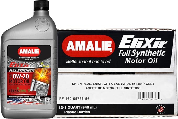 AMALIE Elixir 0W-20 dexos1 Full Synthetic Motor Oil (160-65756-56) 1 Quart Bottle, Pack of 12 | Made in USA