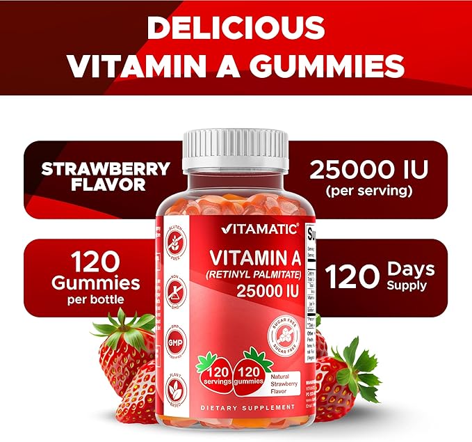 Vitamatic Sugar Free Vitamin A 25000 IU Gummies (Retinyl Palmitate) - Natural Strawberry Flavor - 120 Pectin Based Gummies (2 Bottles)