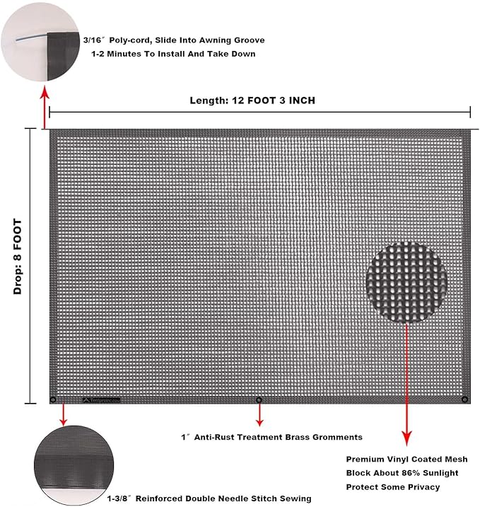 Tentproinc RV Awning Sun Shade Screen 8' X 12' 3'' (Fit for 13' Awning) Mesh Sunshade UV Blocker Motorhome Camping Trailer Awning Sunscreen Shadescreen - 3 Year Warranty (Brown)