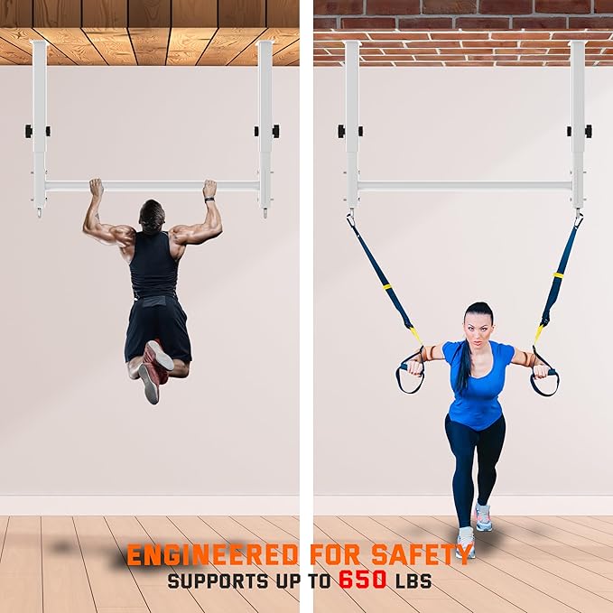 48" Ceiling Mount Pull Up Bar, Heavy Duty Multi-Grip Rafter Chin Up Bar for Garage/Basement/Backyard Ceiling Beam, Adjustable Height&Supports to 650 Lbs