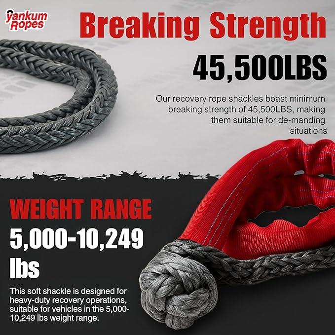 Yankum 7/16" Soft Shackle with Red Chafe Sleeve - Synthetic Recovery, Heavy Duty Tow Shackle, Soft Shackles for Towing, Off-Road Recovery Gear, Made in USA