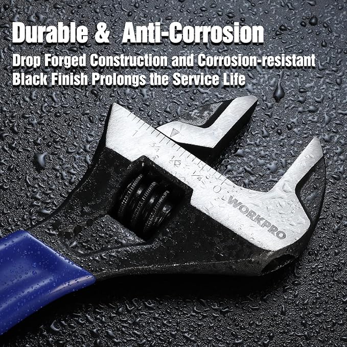 WORKPRO 8-Inch Adjustable Wrench, Cr-V Steel Wide Jaw Black Oxide Wrench, Metric & SAE Scales, for Home, Garage, Workshop and DIY