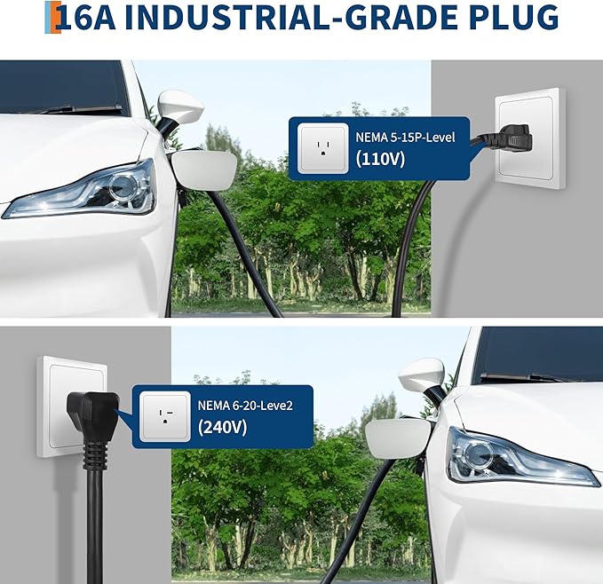 Level 1&2 EV Charger, 16A 110-240V Dual Voltage, NEMA 6-20 & 5-15 Plug, 25 ft Cable, Adjustable Current/Delay Timer, SAE J1772 Listed Portable Electric Car Charger for Indoor/Outdoor Use