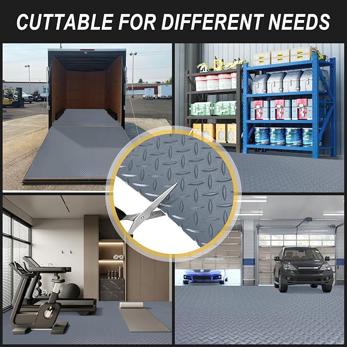 7.5x25 FT Garage Floor Mat, Updated 2.8mm Thicked Flooring Roll with 20Pcs Tapes, 188 sqft Diamond Plate PVC Rubber Trailer Mat, Non-Slip Floor Protector Mat for Garage Warehouse Gyms (Matte Grey)