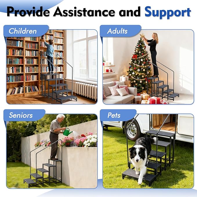 5-Step RV Steps with Dual Handrails, Heavy-Duty Mobile Home Steps, 660 lbs Load Capacity, RV Stairs for Camper, Hot Tub, Trailer & Porch with Non-Slip Mats