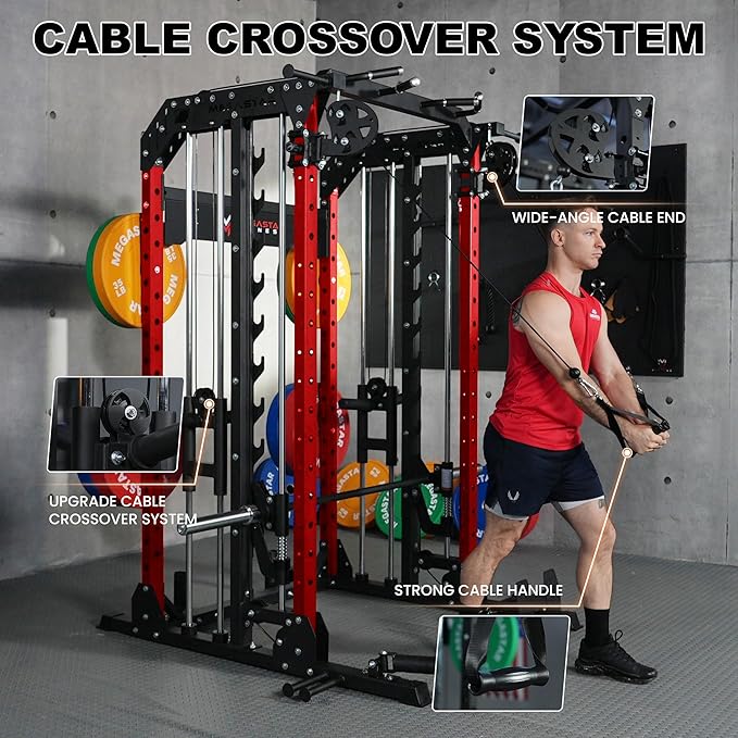 Smith Machine for Home Gym - 2000lbs Capacity All-in-One Power Rack with Cable Crossover, Pull-Up Bar & Dip Station, Includes 18 Attachments, P107 Anvil