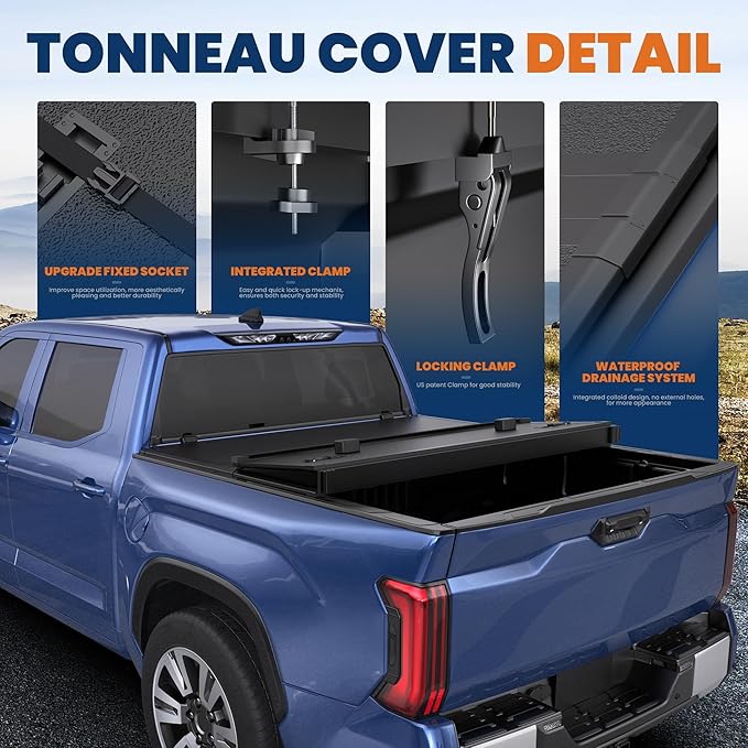 Fiberglass Tri Hard Tonneau Cover Compatible for 2000-2006 Toyota Tundra Fleetside Truck Bed Cover - 6.5 FT Bed On Top