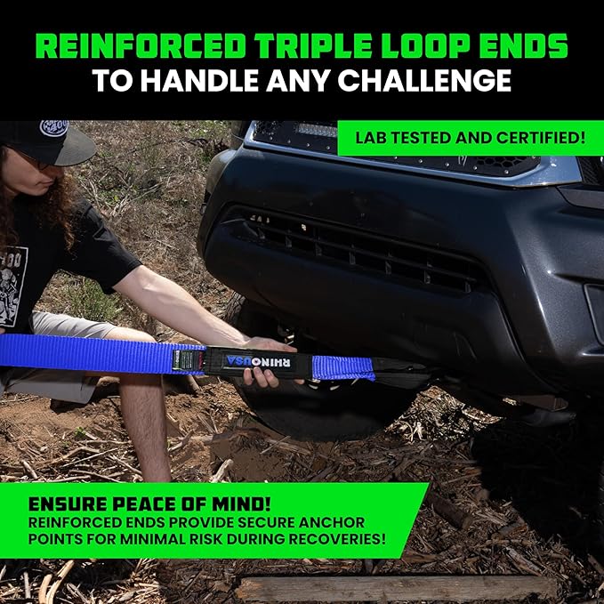 Rhino USA Recovery Tow Strap (3"x20') - 31,518lb Break Strength- Emergency Recovery Strap Tow Rope for Truck, UTV, ATV & More - Heavy Duty Towing Strap for Offroad 4x4 Use- Compatible with Jeep (Blue)