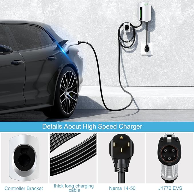 QPQ Level 2 EV Charger, 40Amp 240V Hardwired EV Fast Charge Station, Wall Charger Electric Vehicle Charging Stations with NEMA 14-50 25FT Cable FCC/UL/ROHS for J1772 EV Charger for Home