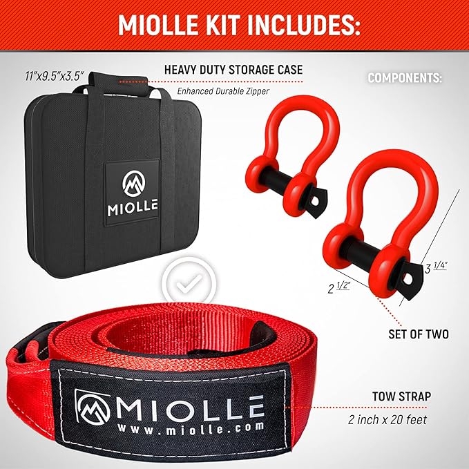 MiolleGear Tow Strap 2”x20’- 20990 lbs MBS (Lab Tested) Recovery Strap Kit Includes: Tow Rope, 2 D-Ring Shackles 5/8 MBS- 28640LBS, Storage Case