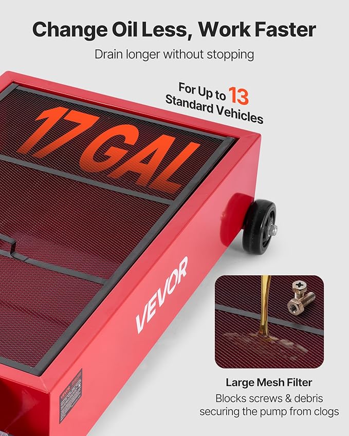 VEVOR Low Profile Oil Drain Pan, 17 Gallon Capacity, Rolling Oil Drain Pan with Electric Pump, 7.2 ft Hose & T Folding Handle, Leak-Proof & Corrosion-Resistant, Fit for Cars, SUVs, Trucks, ATVs, Red