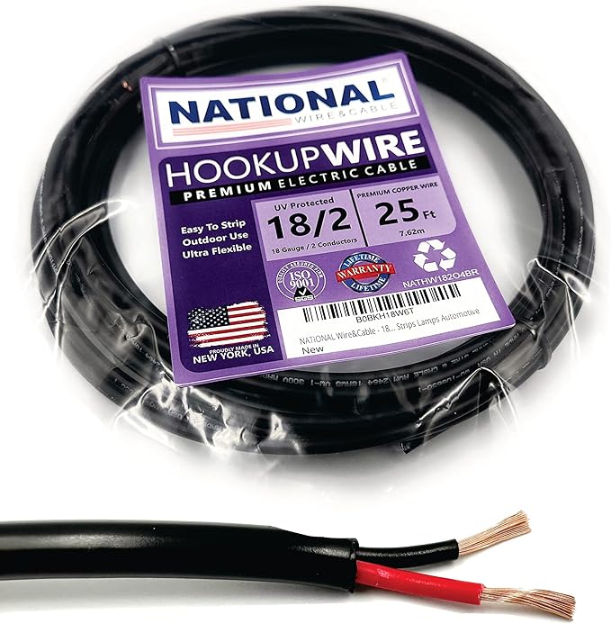 NATIONAL Wire & Cable – 18 AWG 2-Conductor Premium Copper Wire, 25 ft, Stranded | Made in USA, Flexible Jacket | LED Strips, Electronics, Low Voltage, DIY Projects, Indoor and Outdoor Use