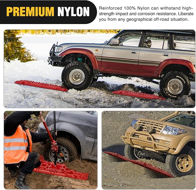 Nilight Recovery Off-road Traction Boards with Jack Lift Base Emergency Tire Ladder Mats For 4WD 4X4 Mud Sand Snow with 2PCS Mounting kit Carry Bag 2 leashes (Red)