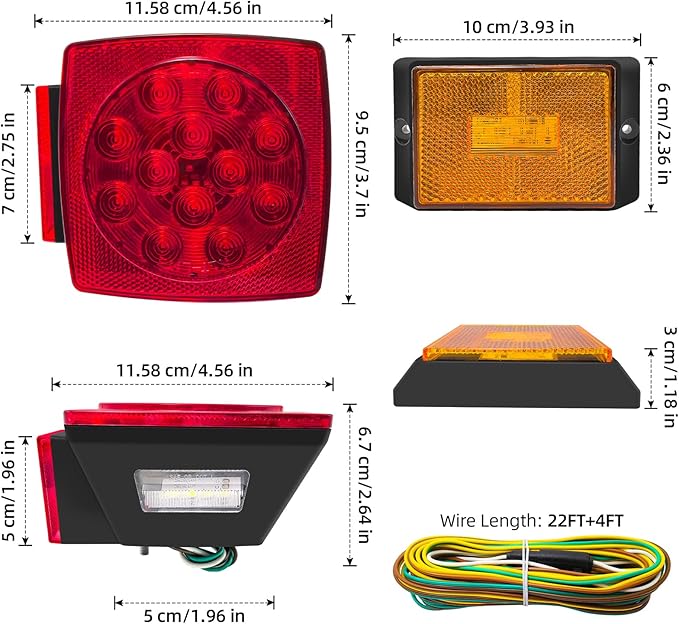 LED Red Tail Trailer Light kit, Wiring Harness 12V Waterproof Submersible Side Marker Stop Brake Turn Signal Reverse For Bus Lorry Camper Boat Truck RV Pickup Golf Cart Motorcycle(Light kit)