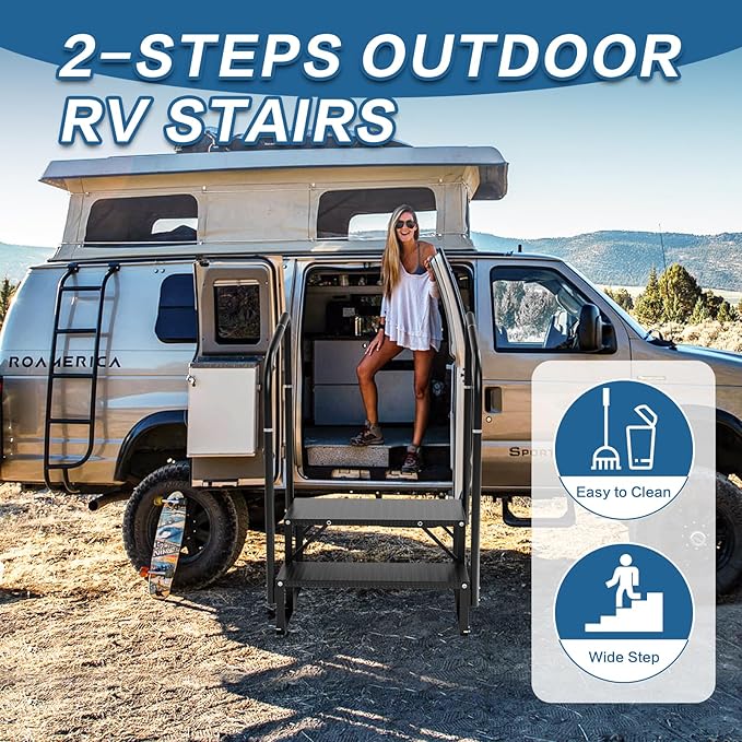 RV Steps, 2-Steps RV Stairs with Handrail Hot Tub Steps Camper Steps, Non-Slip Steps Outdoor Stairs for RV, Trailer, Mobile Home Stairs, Outdoor Spa