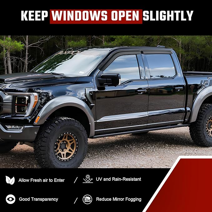 Rain Guards Compatible with Ford F150 SuperCrew 2017 2018 2019 2020 2021 2022 2023 2024 2025, Durable Tape-on Window Deflectors 2017-2025 F150 Trucks Window Rain Guard 4PCS