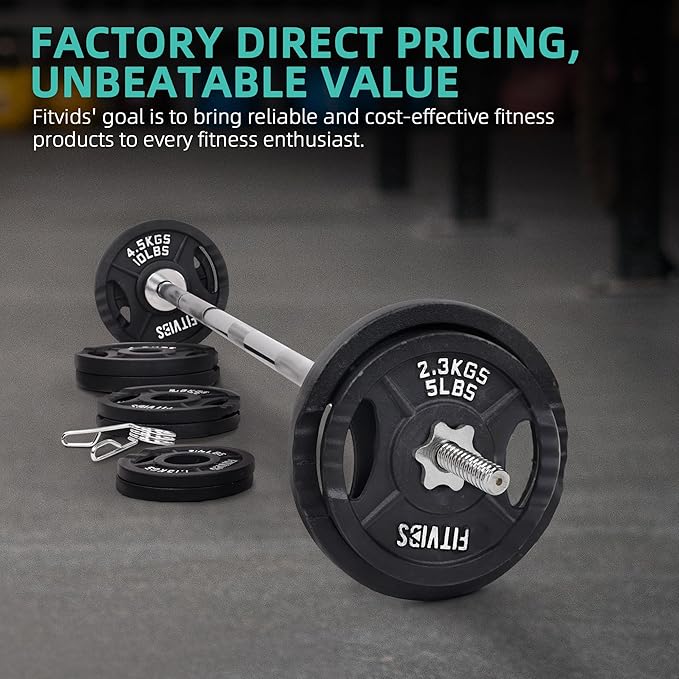 Cast Iron Standard Weight Plates Including 5FT Standard Barbell with Star Locks, 45-Pound Set (35 Pounds Plates + 10 Pounds Barbell), Multiple Styles