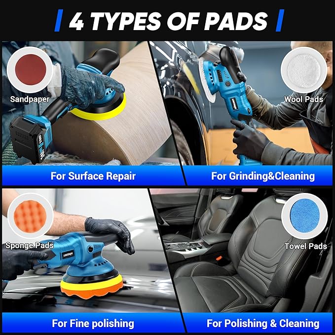 LDHTHOPI Cordless Buffer Polisher with 2×2000mAh Battery, 10000RPM 1600W High Power Car Polishing Kit with 6 Variable Speed, 23PCS Polishing Accessories for Car Polishing Waxing Detailing