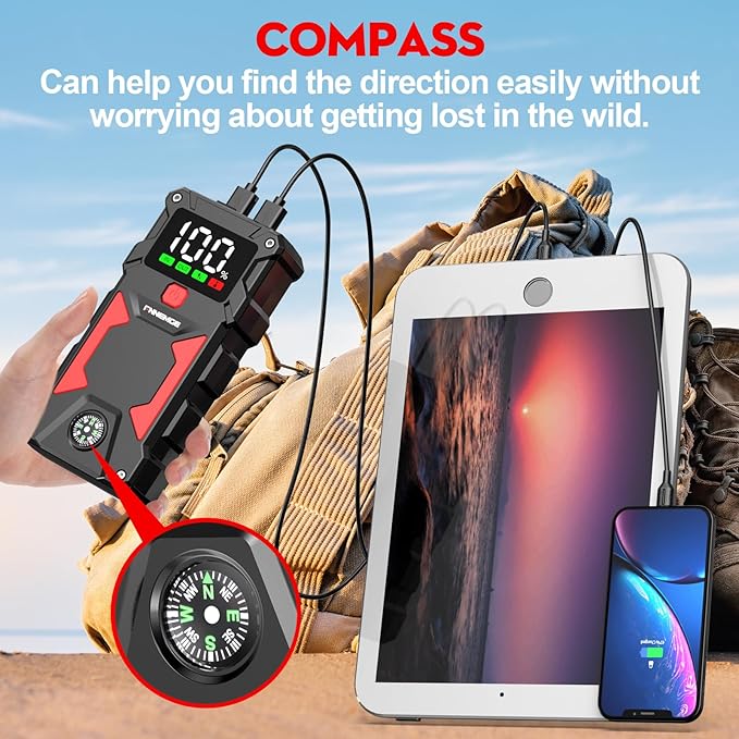 Car Jump Starter, 5000A Peak 24800mAh 12V Car Battery Starter(Up to All Gas, 8.0L Diesel Engine), with with USB Charge Output Port,LED Light,HD Large Screen,12V EC-5 Output.