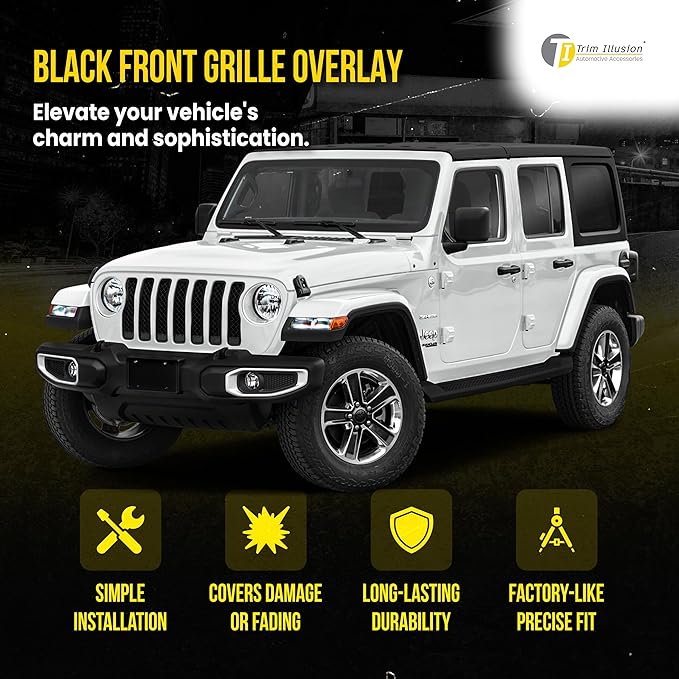 Gloss Black Chrome Delete Front Grille | Car Grille Cover | Grille Insert | Trim Overlay | Compatible with 2018-2023 Jeep Wrangler | ABS6495BLK